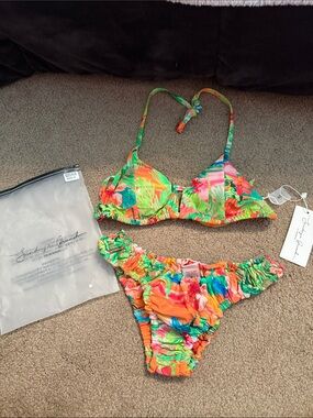 Tropical Floral Ruched Bikini Set - Green & Orange